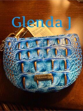 Brahmin Blue Croc-Embossed Leather Wristlet with Gold Accents